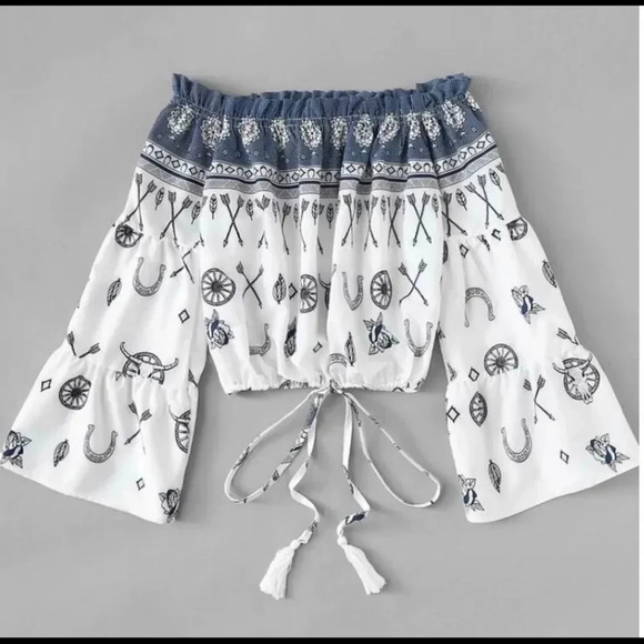 Tops - Amanda’s Place Off Shoulder Fluted Sleeve Drawstring Hem Top, women’s size S